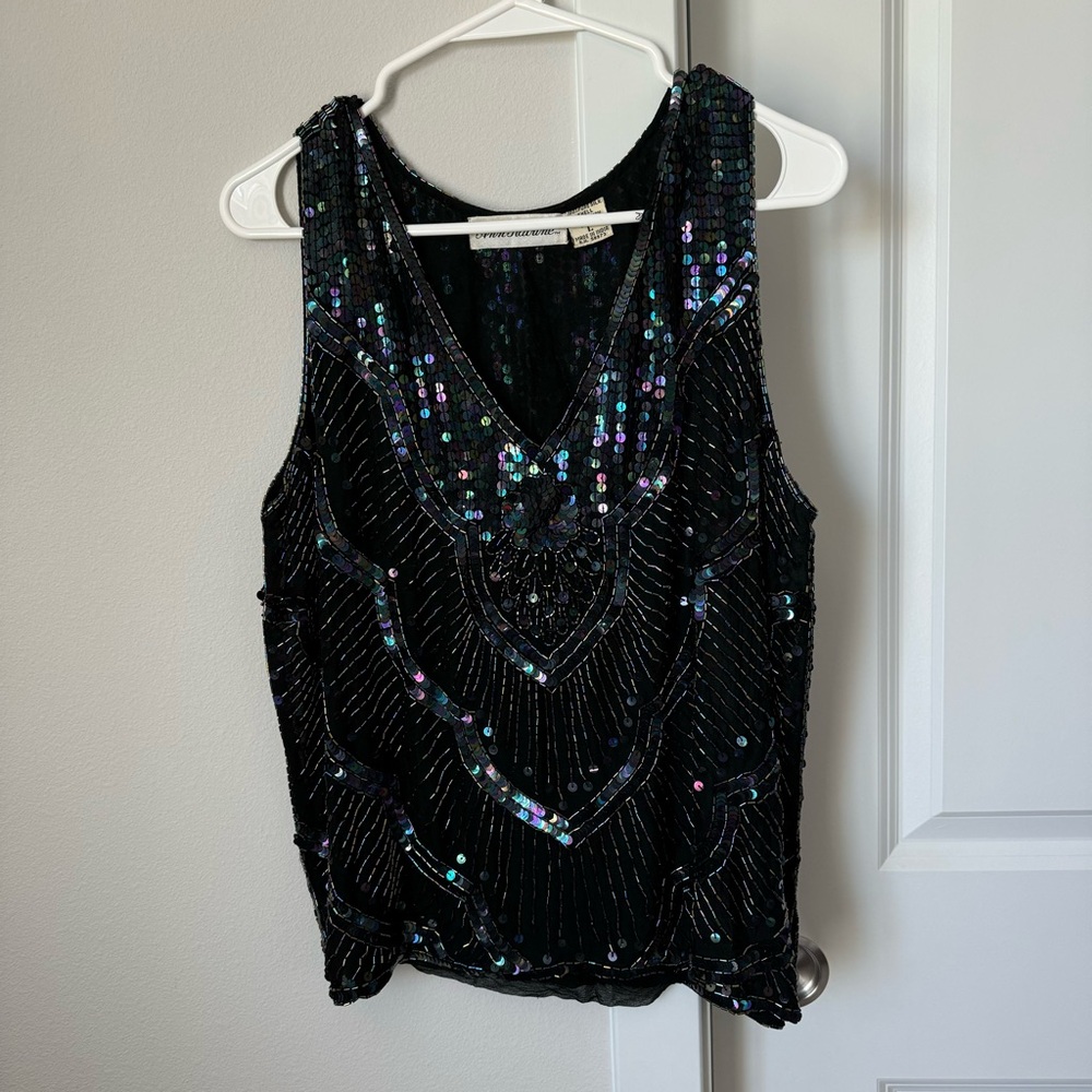 Vintage Ann Katrine Black Silk Beaded Top Size Large 1920s Flapper Tank Costume